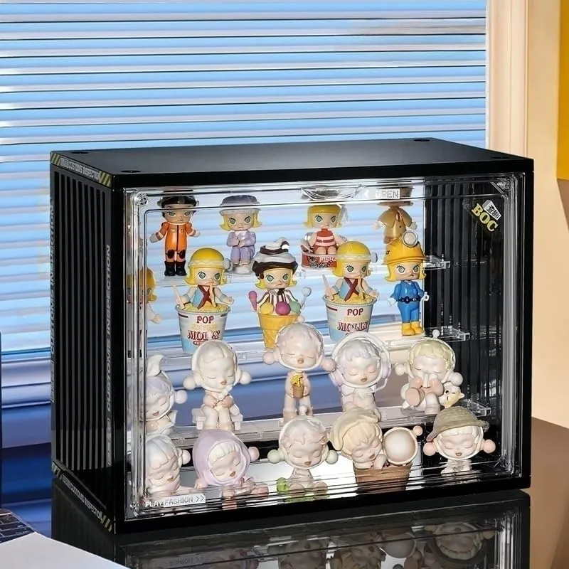 Clear Display Case for Figures, Adjustable Display Box, Acrylic Figure Display Case with Magnetic Door, Clear Stackable Display Box for Action Figures, Pop Mart, Funko Pop, Collectibles(Black, 2 Pack)