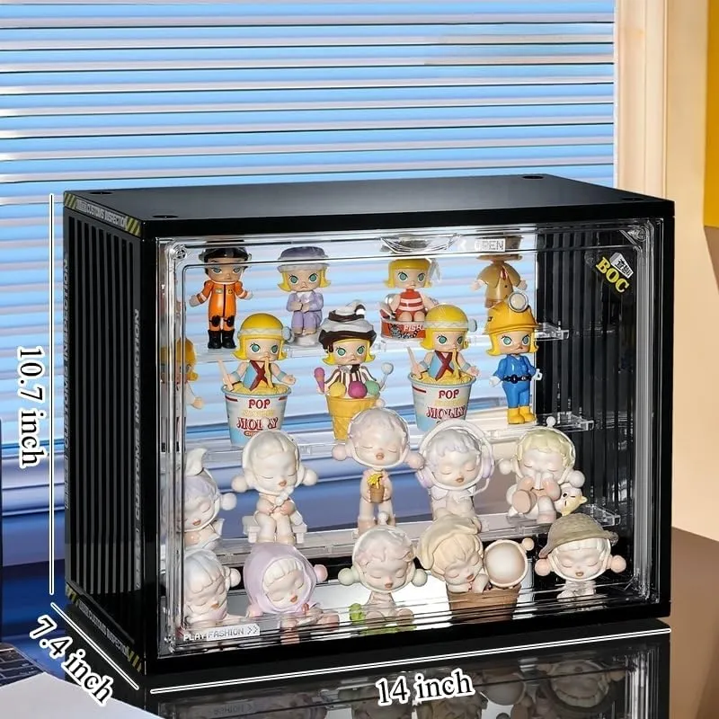 Clear Display Case for Figures, Adjustable Display Box, Acrylic Figure Display Case with Magnetic Door, Clear Stackable Display Box for Action Figures, Pop Mart, Funko Pop, Collectibles(Black, 2 Pack)