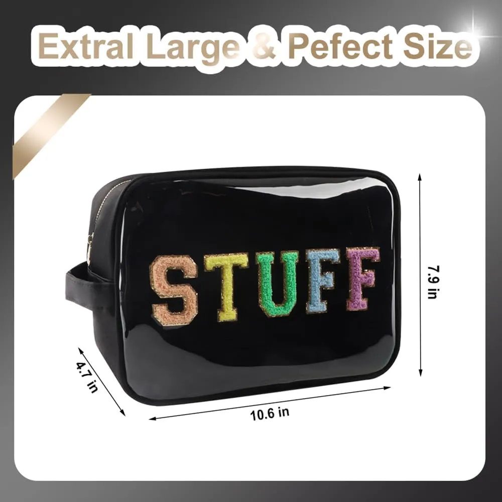 Clear Extra Large Glitter Patches STUFF Bag Preppy Transparent TPU and Nylon Makeup Bag Women (X-Large, Black-Stuff)