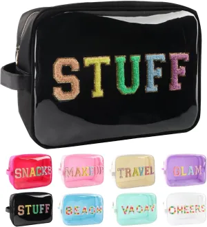 Clear Extra Large Glitter Patches STUFF Bag Preppy Transparent TPU and Nylon Makeup Bag Women (X-Large, Black-Stuff)