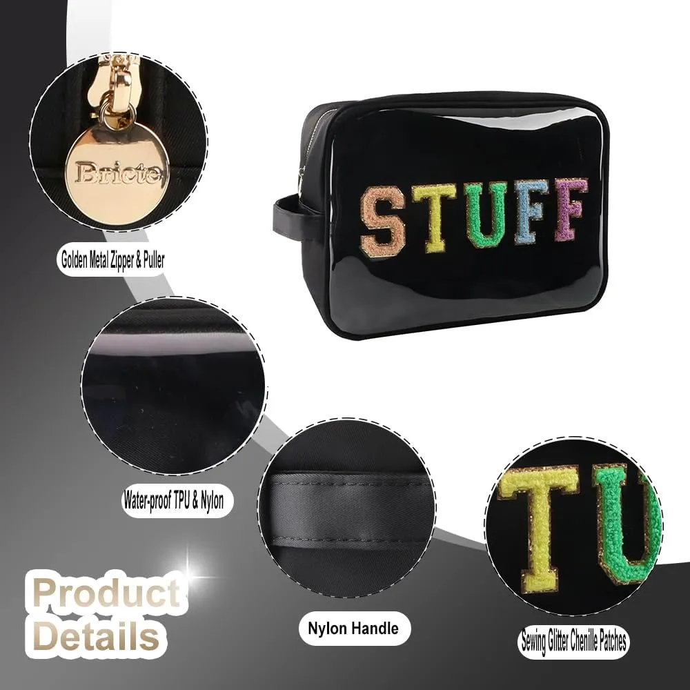 Clear Extra Large Glitter Patches STUFF Bag Preppy Transparent TPU and Nylon Makeup Bag Women (X-Large, Black-Stuff)