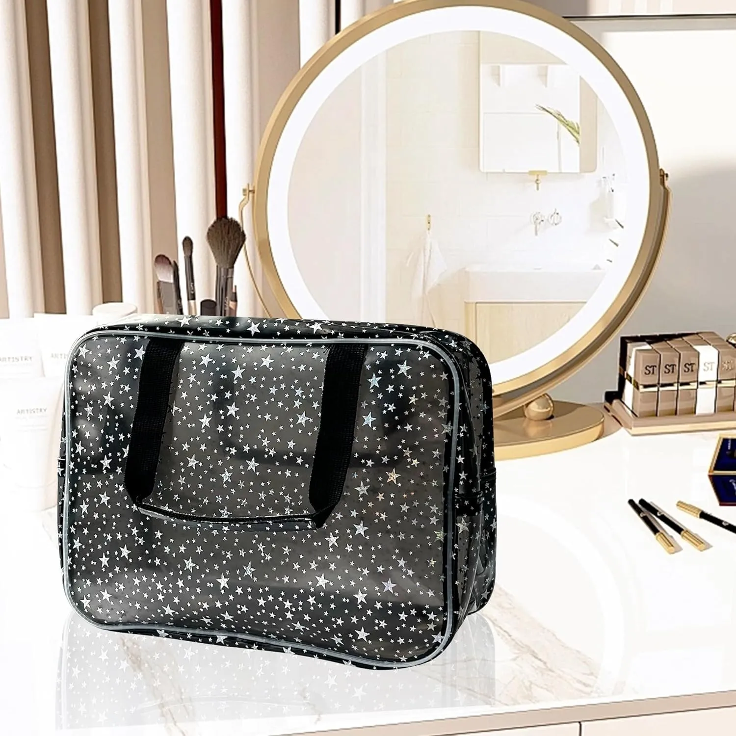 Clear Fluorescent Neon Yellow Star Cosmetic Bag with Zippier and Travel Yellow Clear Pouch with Handle, Yellow Star Cosetic Bag