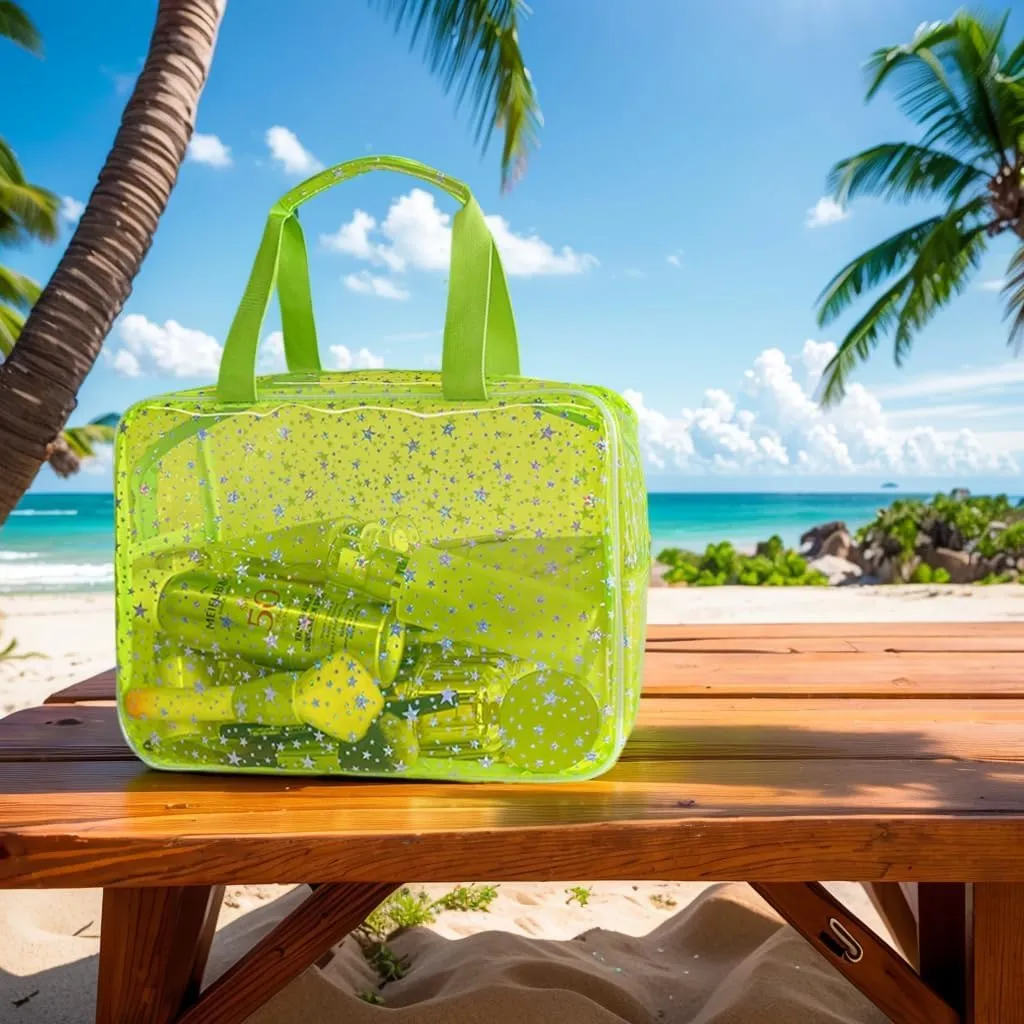 Clear Fluorescent Neon Yellow Star Cosmetic Bag with Zippier and Travel Yellow Clear Pouch with Handle, Yellow Star Cosetic Bag