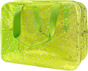 Clear Fluorescent Neon Yellow Star Cosmetic Bag with Zippier and Travel Yellow Clear Pouch with Handle, Yellow Star Cosetic Bag