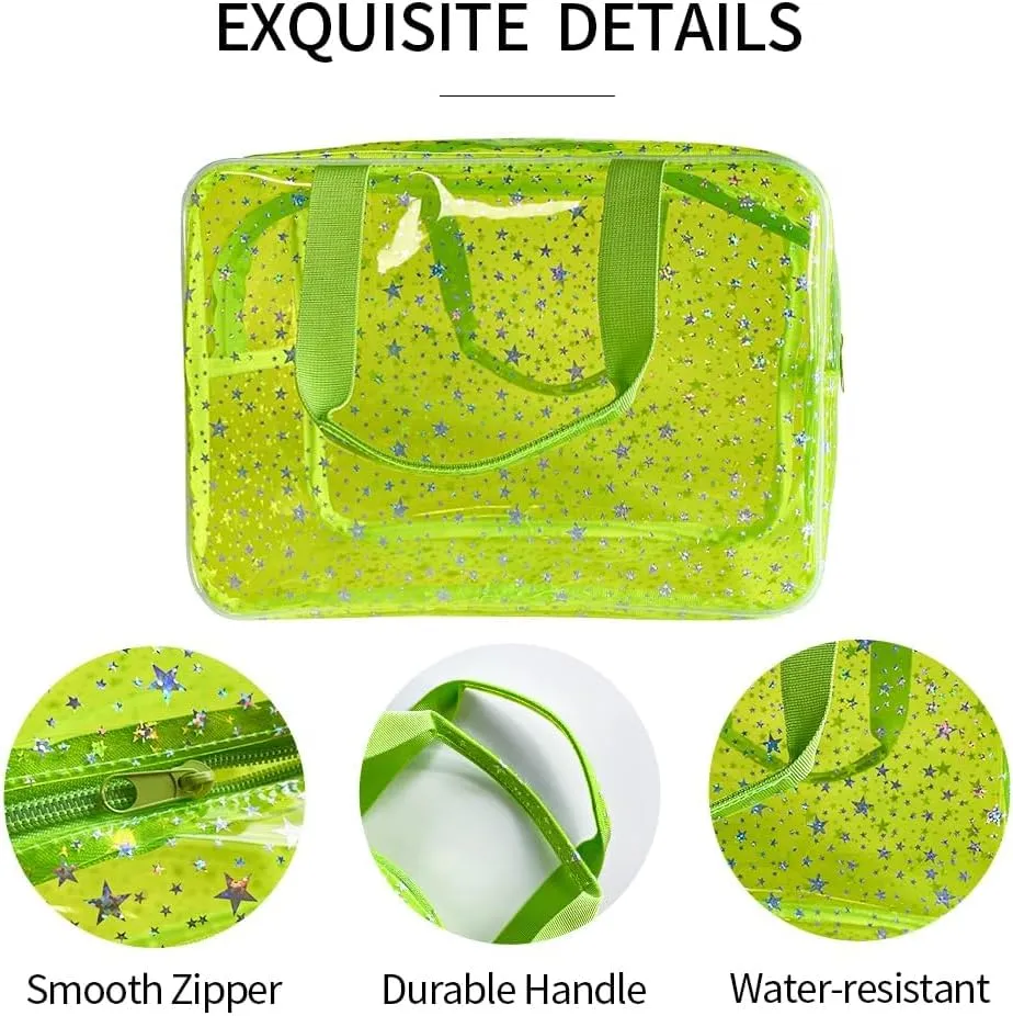 Clear Fluorescent Neon Yellow Star Cosmetic Bag with Zippier and Travel Yellow Clear Pouch with Handle, Yellow Star Cosetic Bag