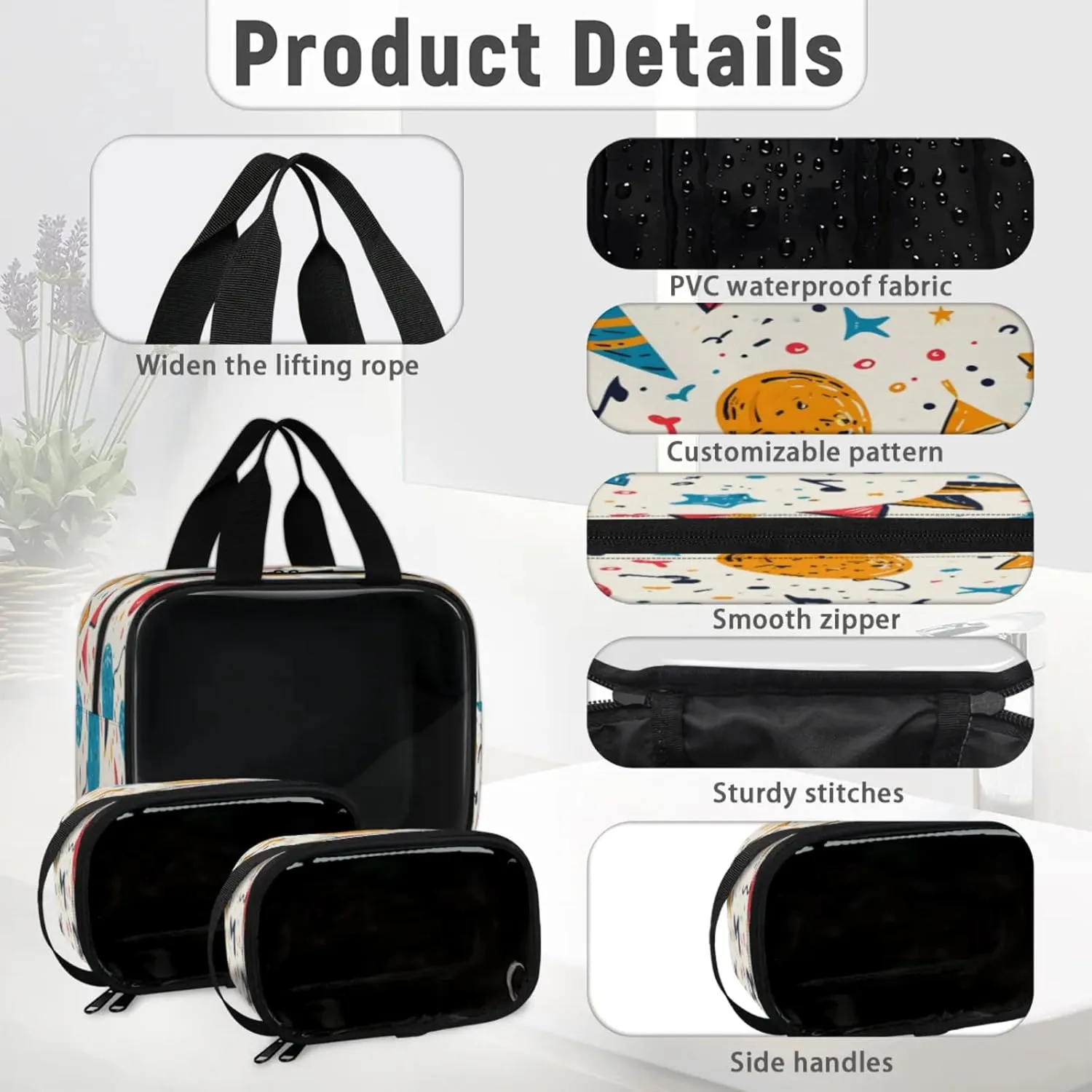 Clear Makeup Bag, 3 Pcs of Translucent Cosmetic Bags Set, Transparent Happy Birthday Travel Makeup Pouch, Waterproof Cute Toiletry Bag for Women (Birthday Balloons)