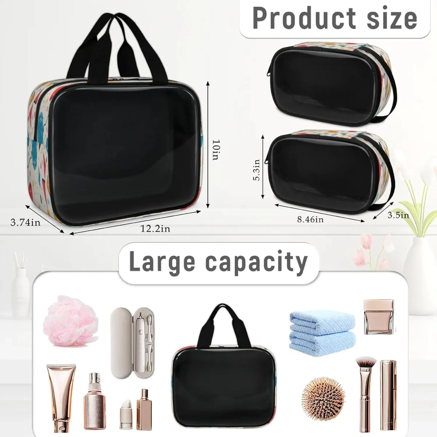 Clear Makeup Bag, 3 Pcs of Translucent Cosmetic Bags Set, Transparent Happy Birthday Travel Makeup Pouch, Waterproof Cute Toiletry Bag for Women (Birthday Balloons)