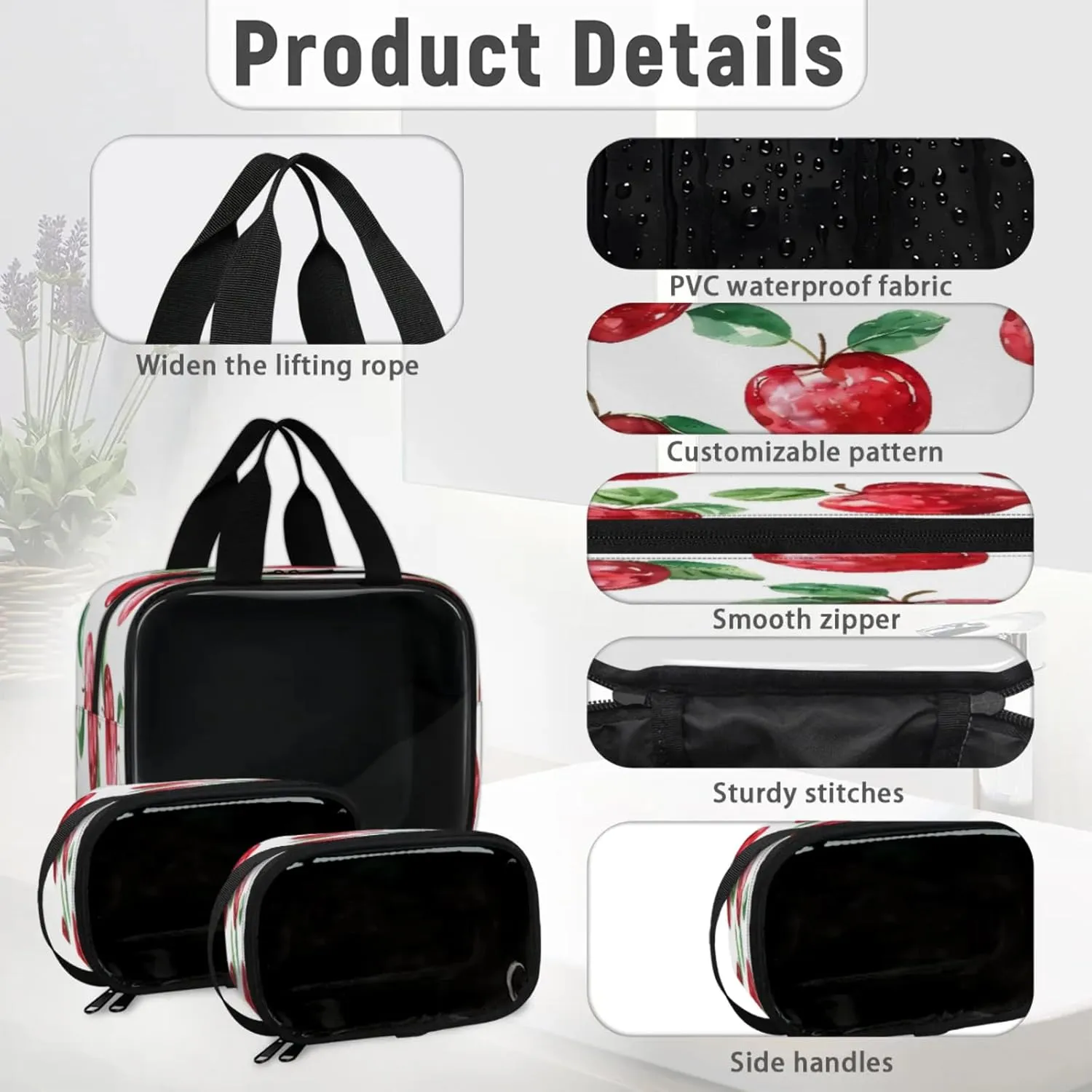 Clear Makeup Bag 3 Pieces Apples Toiletry Bag Portable Cosmetic Pouch Travel Organizer Water-resistant Translucent Cosmetic Bags with Fruit Apples