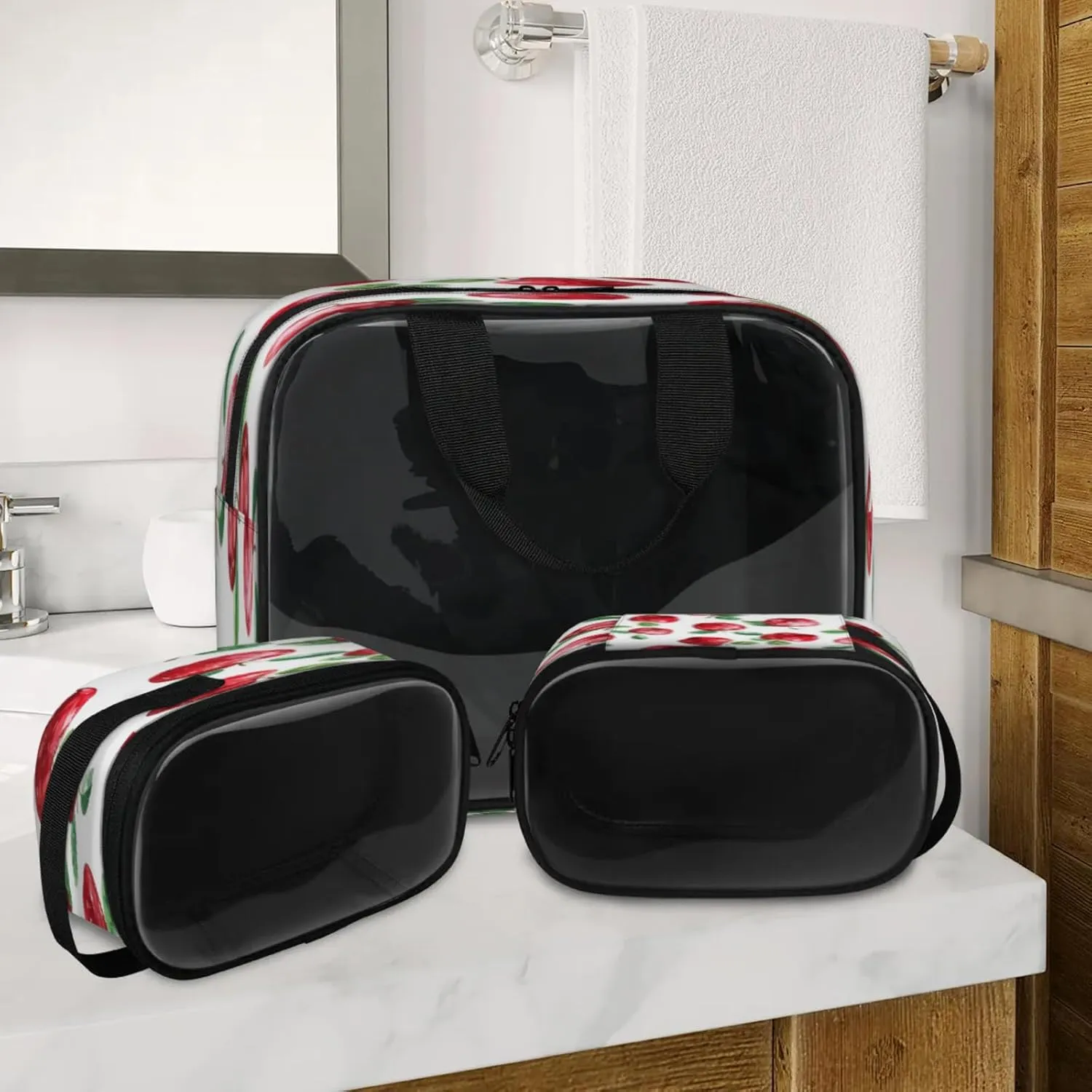 Clear Makeup Bag 3 Pieces Apples Toiletry Bag Portable Cosmetic Pouch Travel Organizer Water-resistant Translucent Cosmetic Bags with Fruit Apples