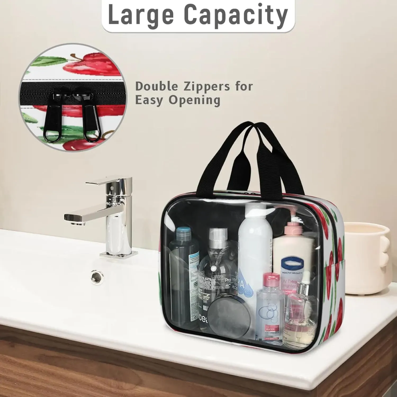 Clear Makeup Bag 3 Pieces Apples Toiletry Bag Portable Cosmetic Pouch Travel Organizer Water-resistant Translucent Cosmetic Bags with Fruit Apples