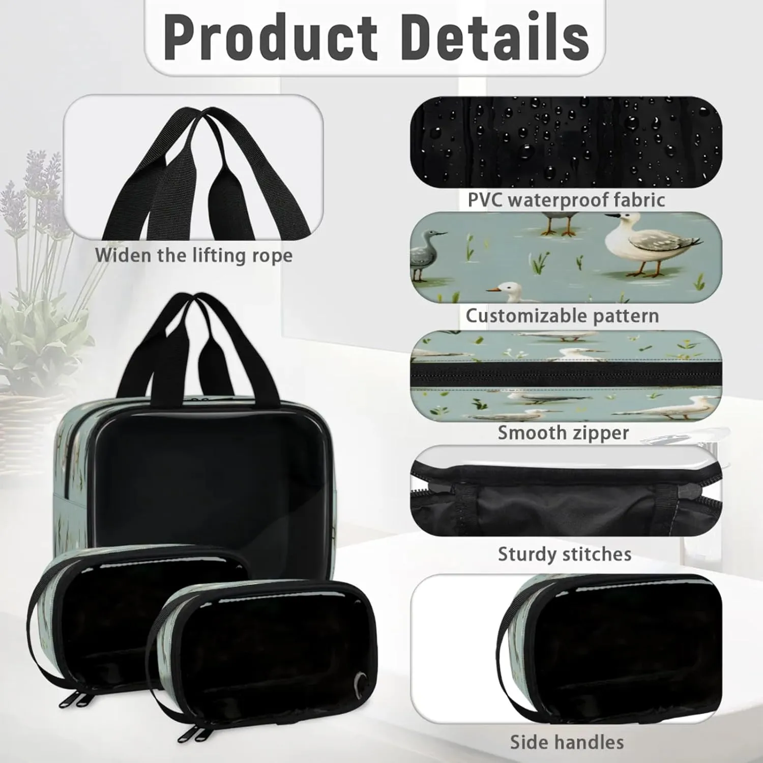 Clear Makeup Bag 3 Pieces Cute Duck Toiletry Bag Portable Cosmetic Pouch Travel Organizer Water-resistant Translucent Cosmetic Bags with Wild Ducks