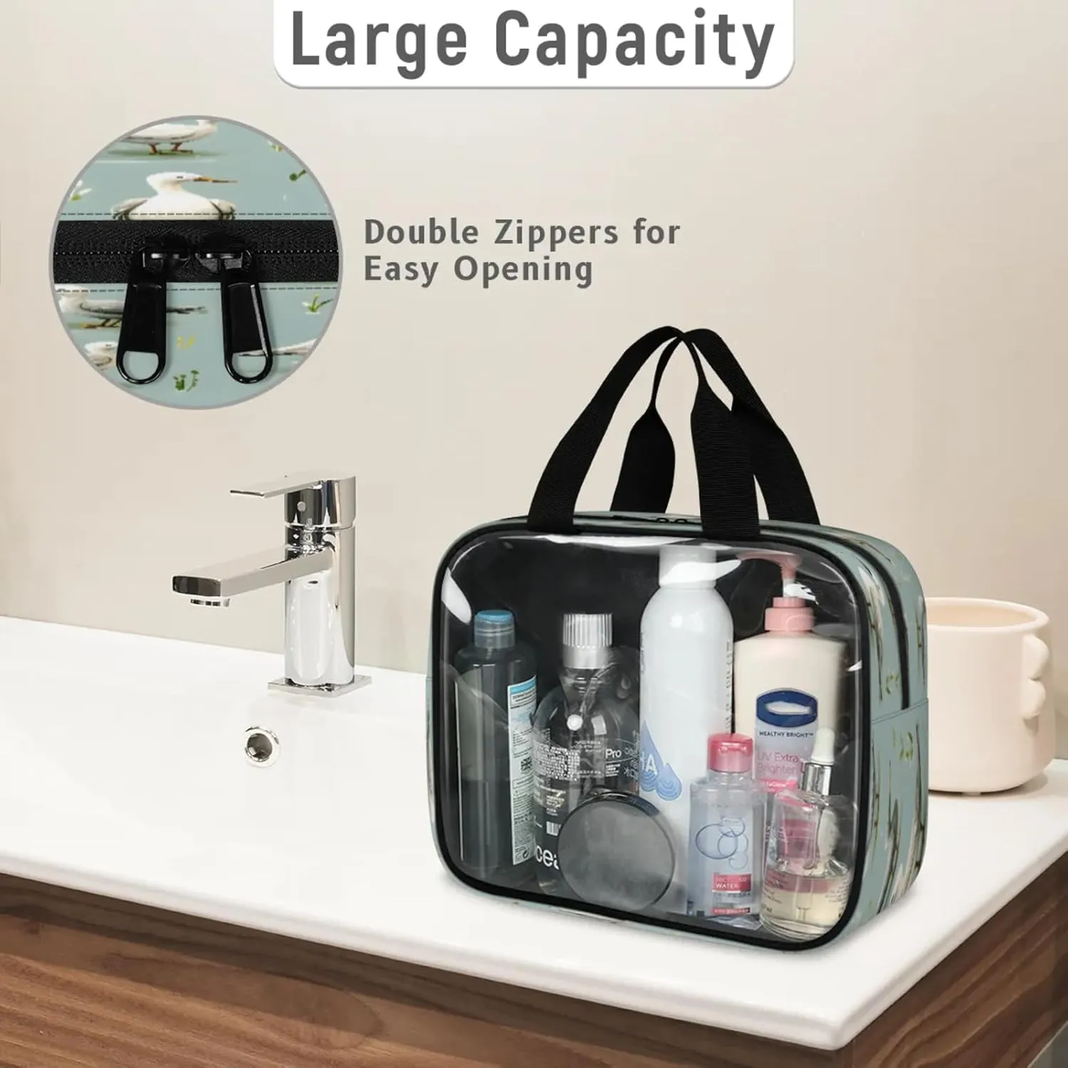 Clear Makeup Bag 3 Pieces Cute Duck Toiletry Bag Portable Cosmetic Pouch Travel Organizer Water-resistant Translucent Cosmetic Bags with Wild Ducks