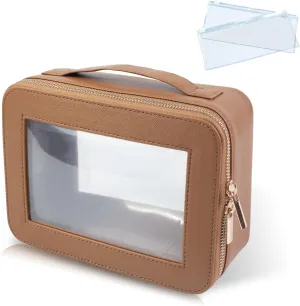 Clear Makeup Bag for Women - Cosmetic Case Travel Toiletry Bag with Metal Zipper Portable Makeup Organizer Storage Bag for Travel Essentials(Brown)