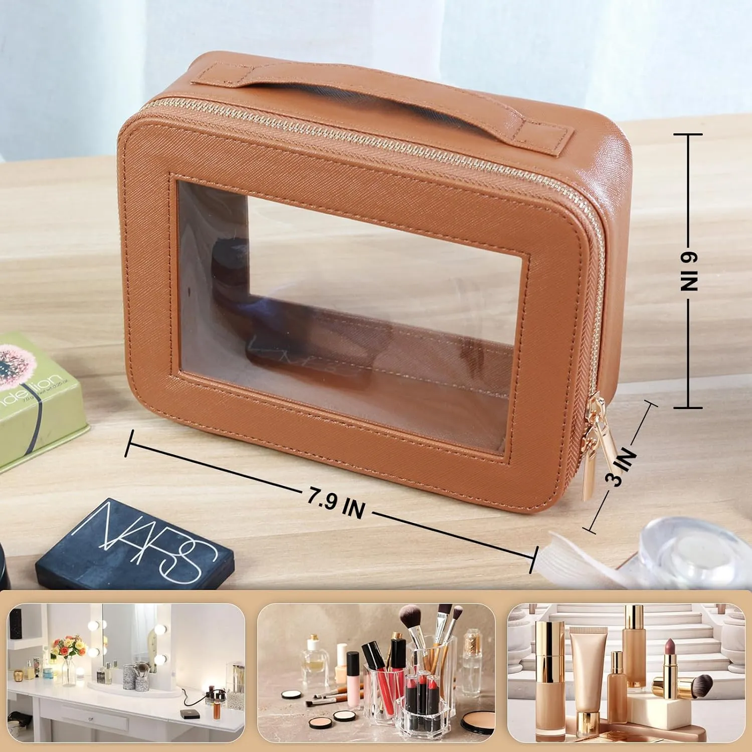 Clear Makeup Bag for Women - Cosmetic Case Travel Toiletry Bag with Metal Zipper Portable Makeup Organizer Storage Bag for Travel Essentials(Brown)