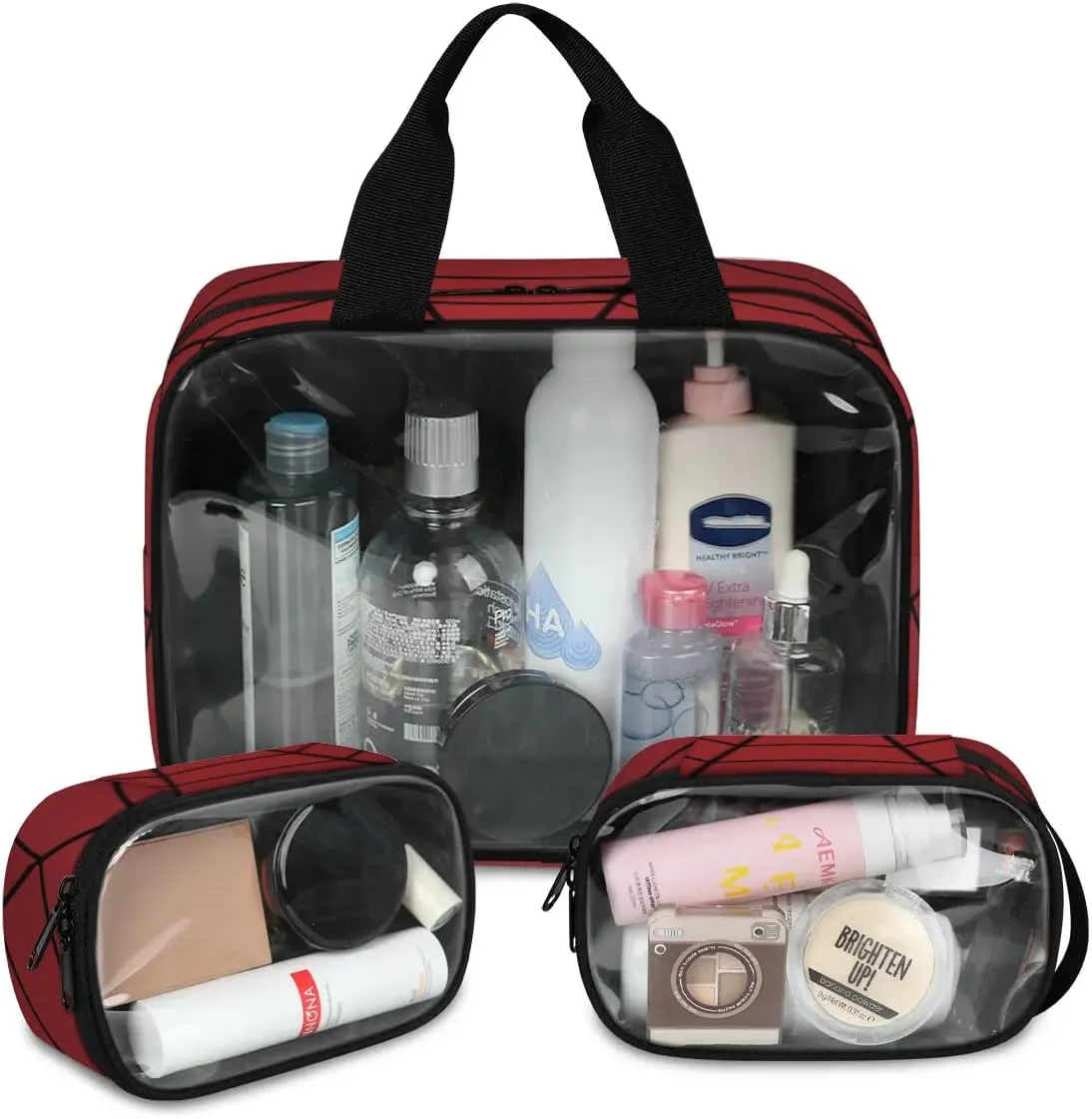 Clear Makeup Bag for Women Men, 3Pcs Transparent Cosmetic Bags Waterpoof Toiletries Set Portable Toiletry Bags with Zipper for Travel Bathroom(Red Spider Web)