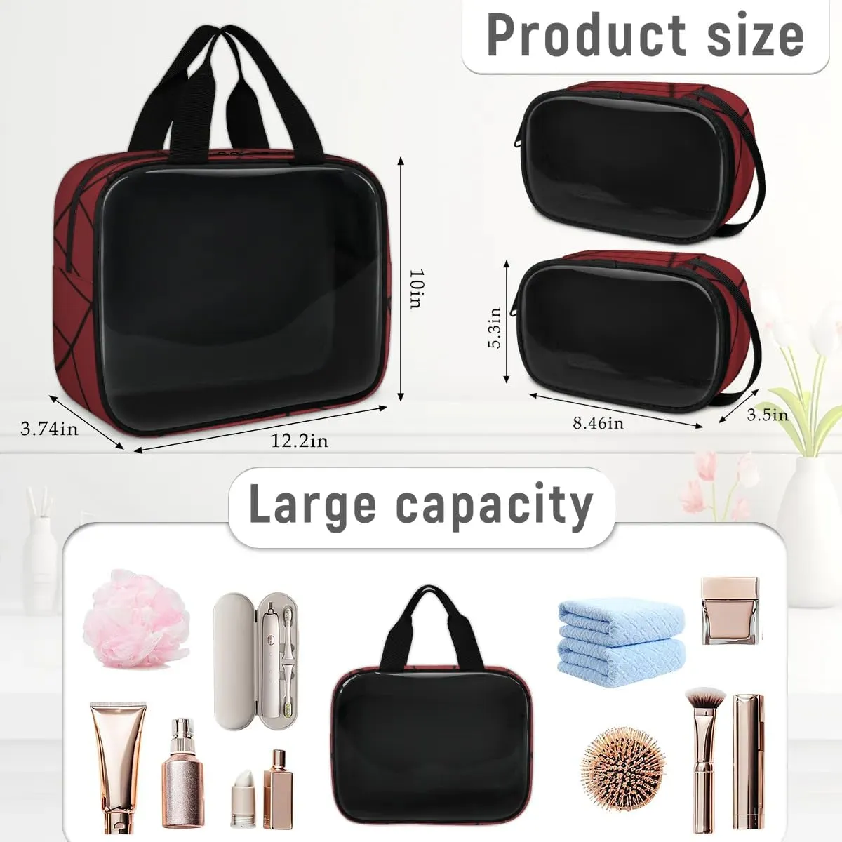 Clear Makeup Bag for Women Men, 3Pcs Transparent Cosmetic Bags Waterpoof Toiletries Set Portable Toiletry Bags with Zipper for Travel Bathroom(Red Spider Web)