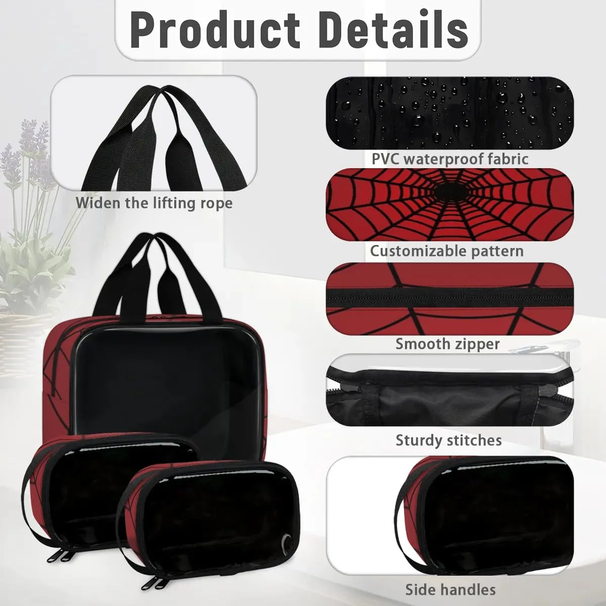 Clear Makeup Bag for Women Men, 3Pcs Transparent Cosmetic Bags Waterpoof Toiletries Set Portable Toiletry Bags with Zipper for Travel Bathroom(Red Spider Web)