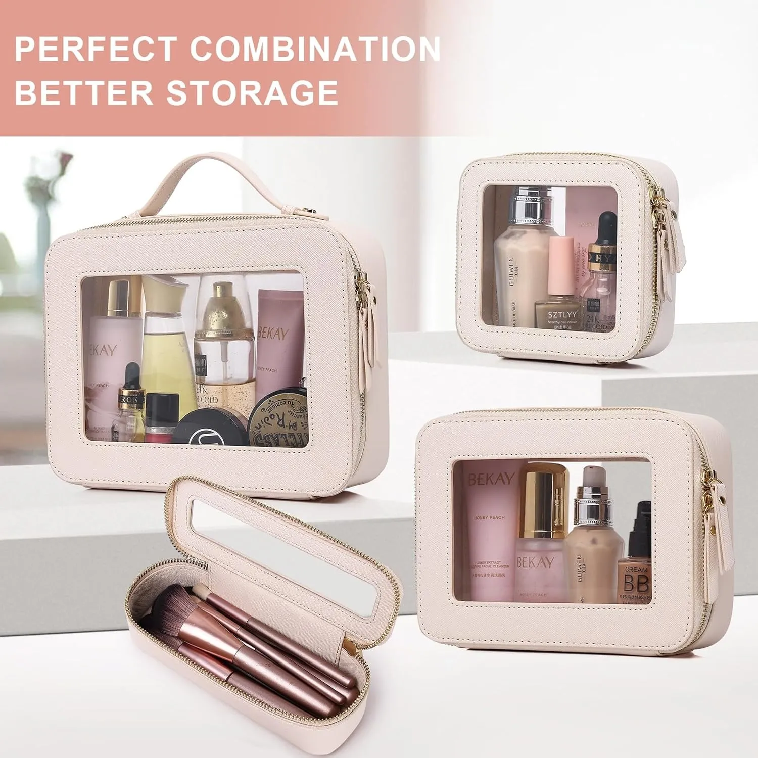 Clear Makeup Bag for Women Waterproof Travel Cosmetics and Toiletries Case Portable Makeup Oaganizer Bag Clear Car Bag with Zipper (Beige, M)