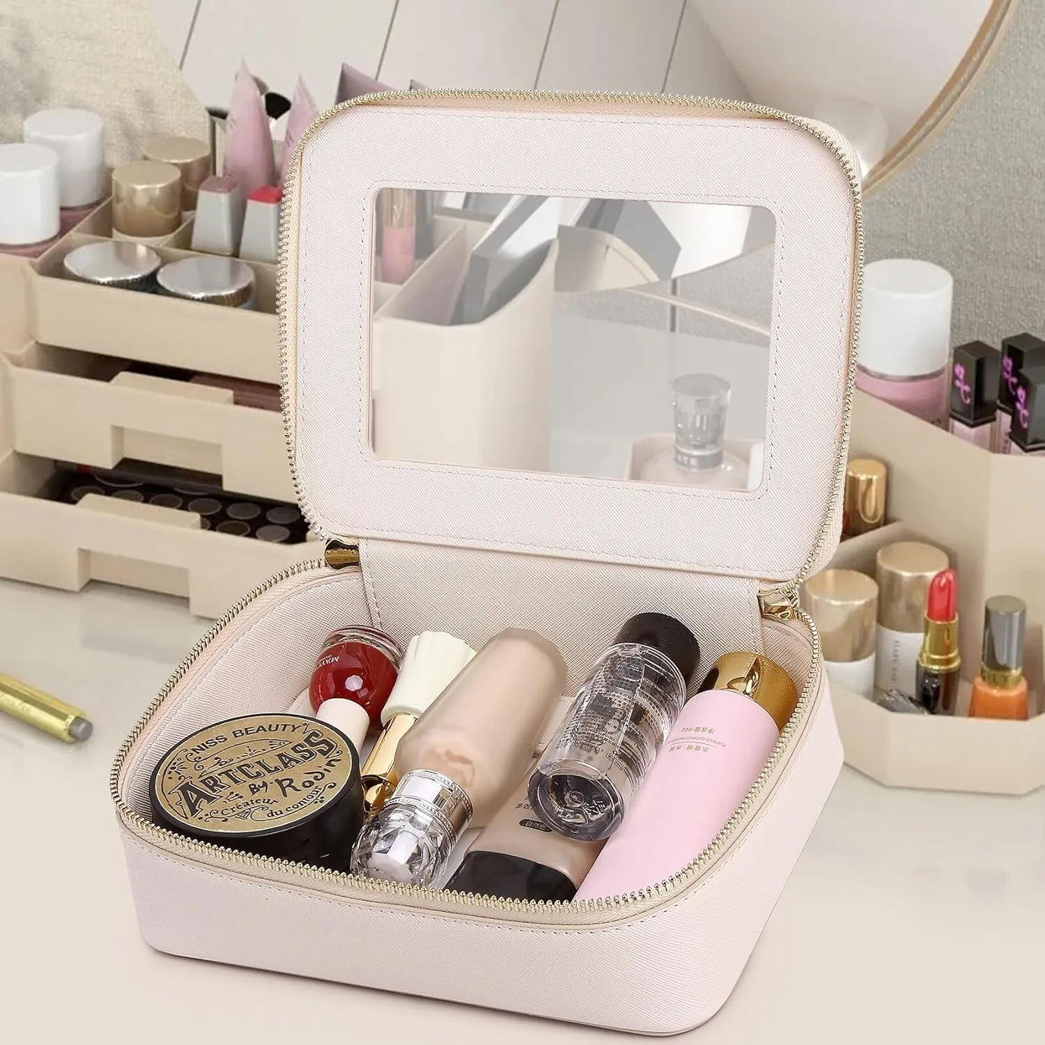 Clear Makeup Bag for Women Waterproof Travel Cosmetics and Toiletries Case Portable Makeup Oaganizer Bag Clear Car Bag with Zipper (Beige, M)