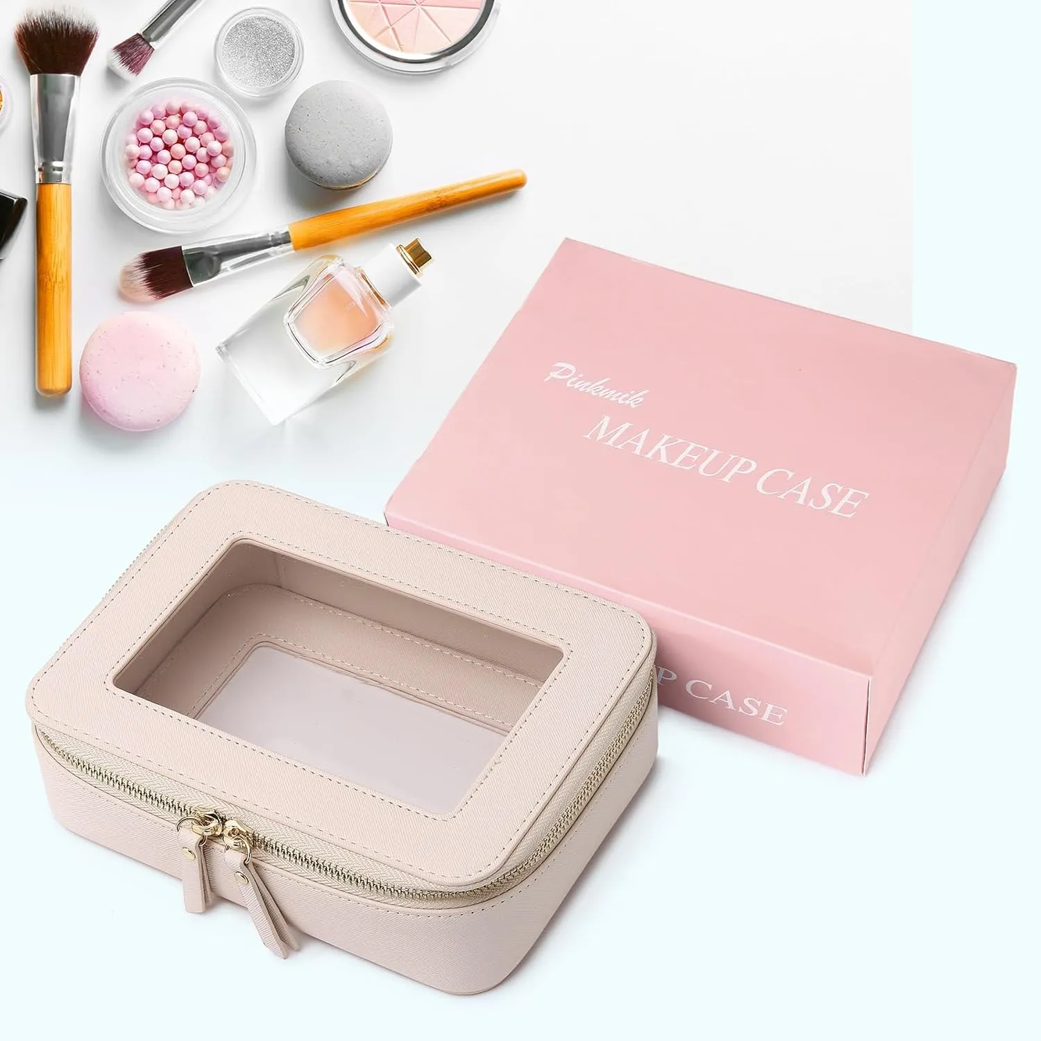 Clear Makeup Bag for Women Waterproof Travel Cosmetics and Toiletries Case Portable Makeup Oaganizer Bag Clear Car Bag with Zipper (Beige, M)