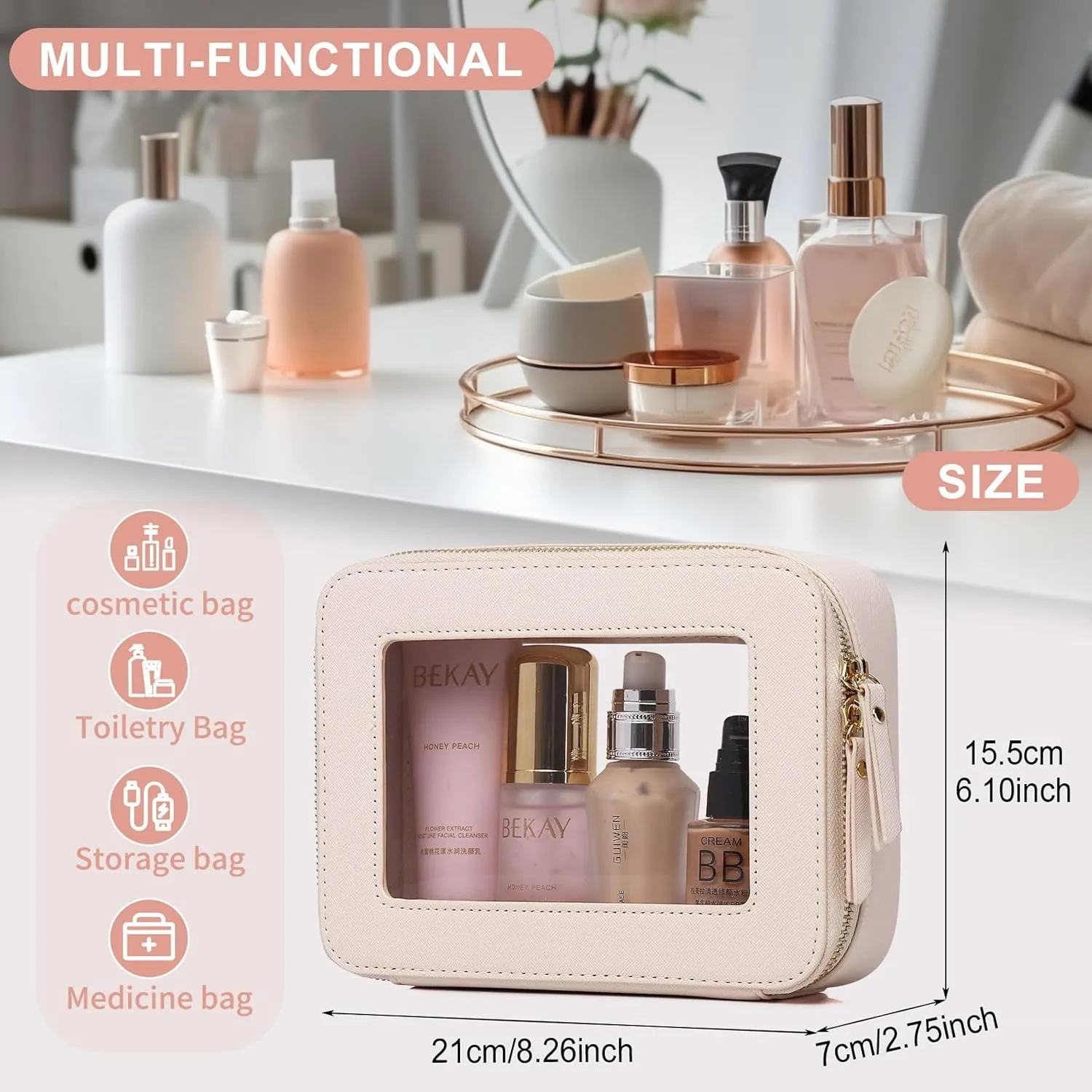 Clear Makeup Bag for Women Waterproof Travel Cosmetics and Toiletries Case Portable Makeup Oaganizer Bag Clear Car Bag with Zipper (Beige, M)