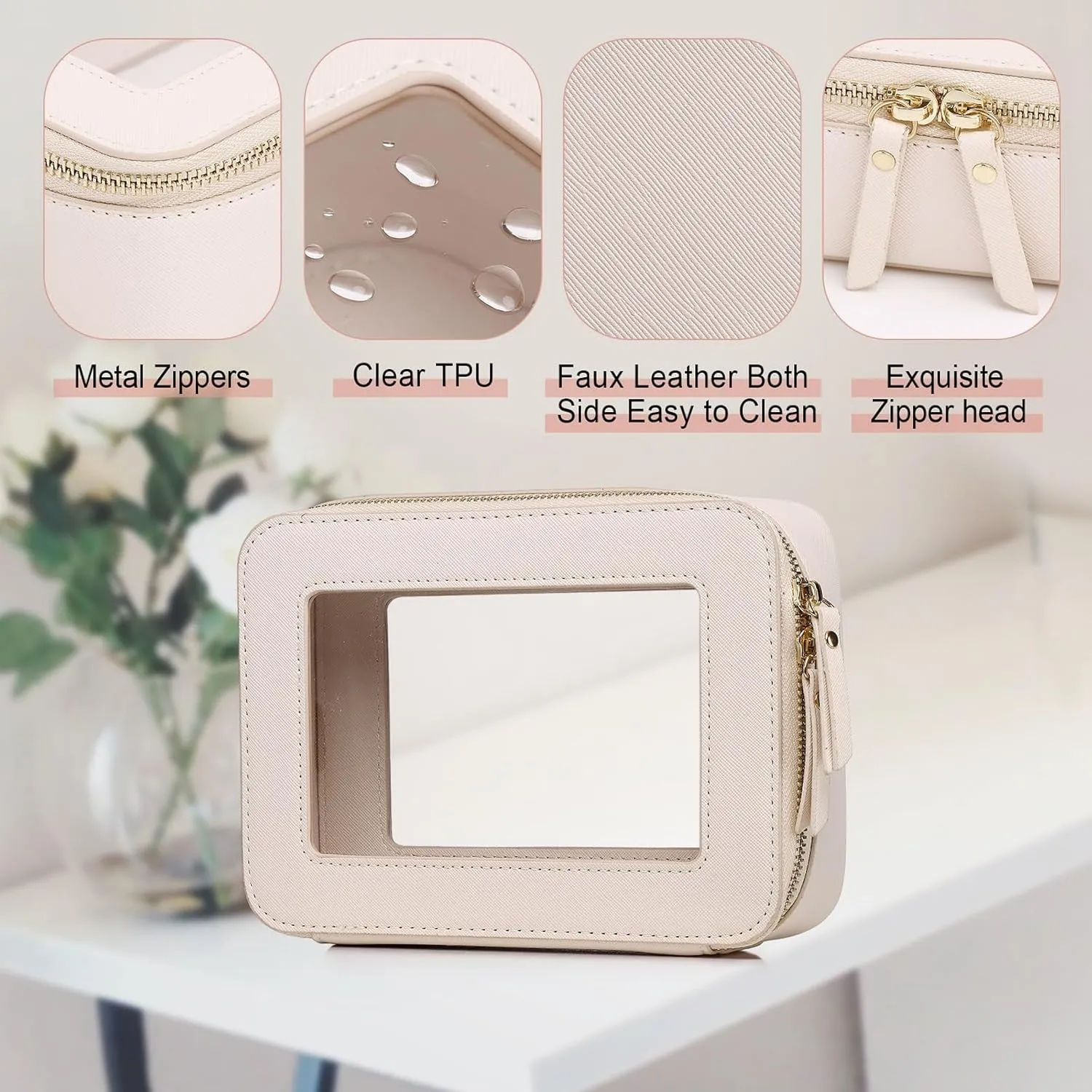 Clear Makeup Bag for Women Waterproof Travel Cosmetics and Toiletries Case Portable Makeup Oaganizer Bag Clear Car Bag with Zipper (Beige, M)