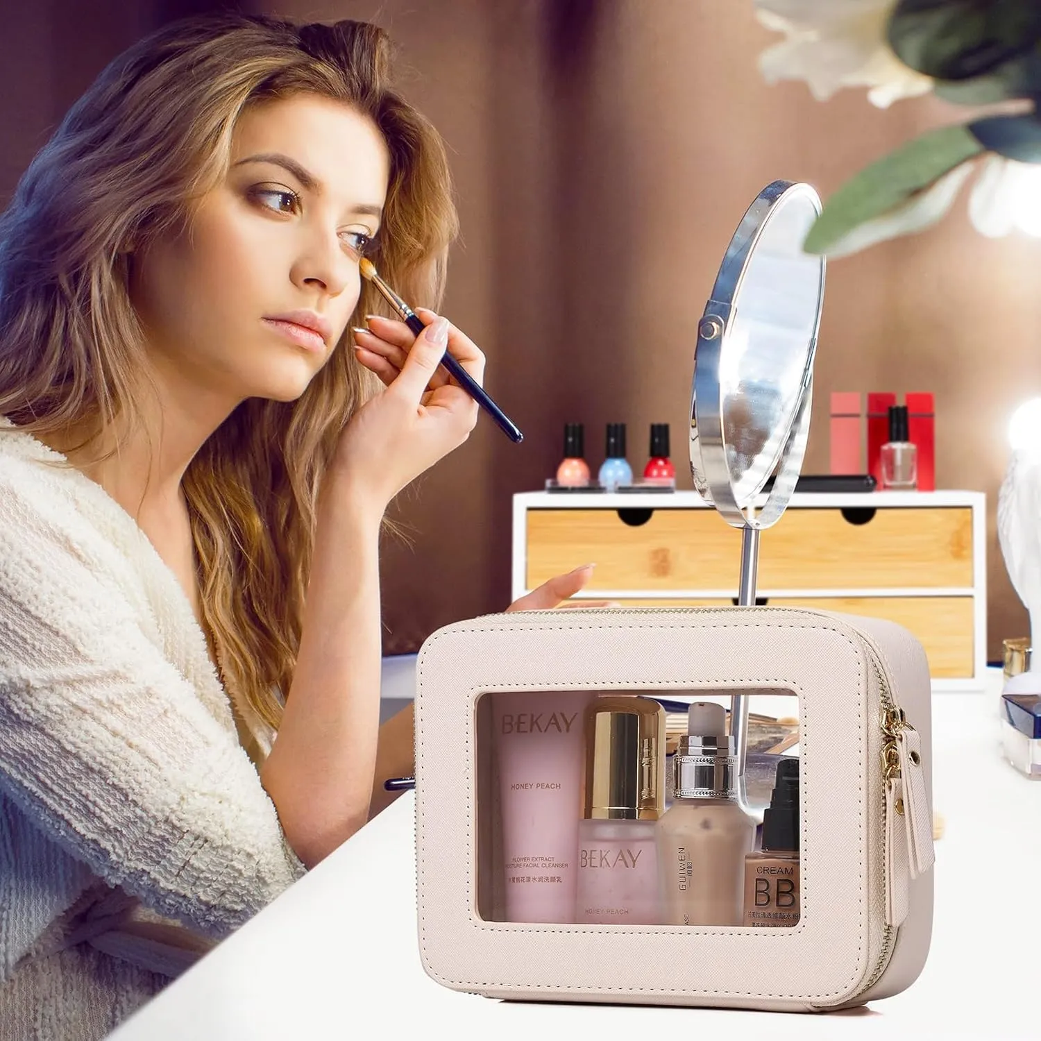 Clear Makeup Bag for Women Waterproof Travel Cosmetics and Toiletries Case Portable Makeup Oaganizer Bag Clear Car Bag with Zipper (Beige, M)