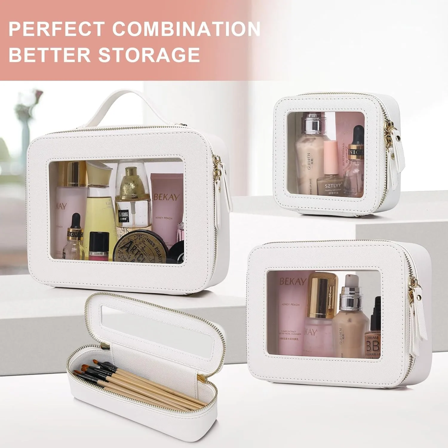 Clear Makeup Bag for Women Waterproof Travel Cosmetics and Toiletries Case Portable Makeup Oaganizer Bag Clear Car Bag with Zipper (White, M)