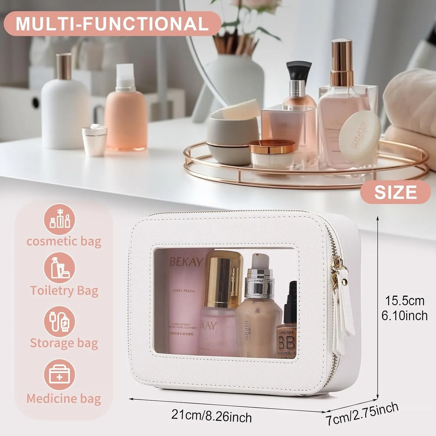 Clear Makeup Bag for Women Waterproof Travel Cosmetics and Toiletries Case Portable Makeup Oaganizer Bag Clear Car Bag with Zipper (White, M)