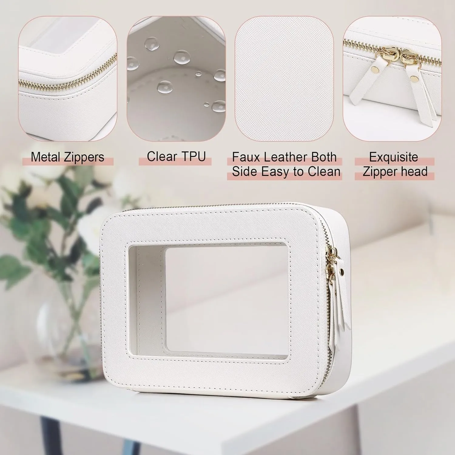 Clear Makeup Bag for Women Waterproof Travel Cosmetics and Toiletries Case Portable Makeup Oaganizer Bag Clear Car Bag with Zipper (White, M)