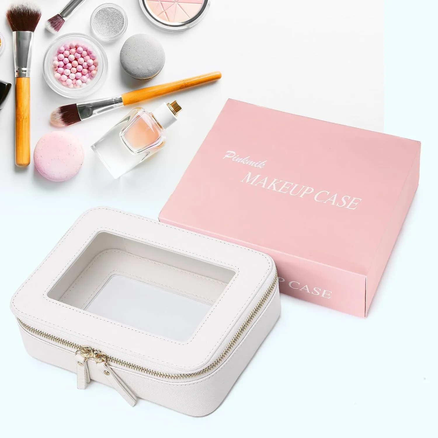 Clear Makeup Bag for Women Waterproof Travel Cosmetics and Toiletries Case Portable Makeup Oaganizer Bag Clear Car Bag with Zipper (White, M)