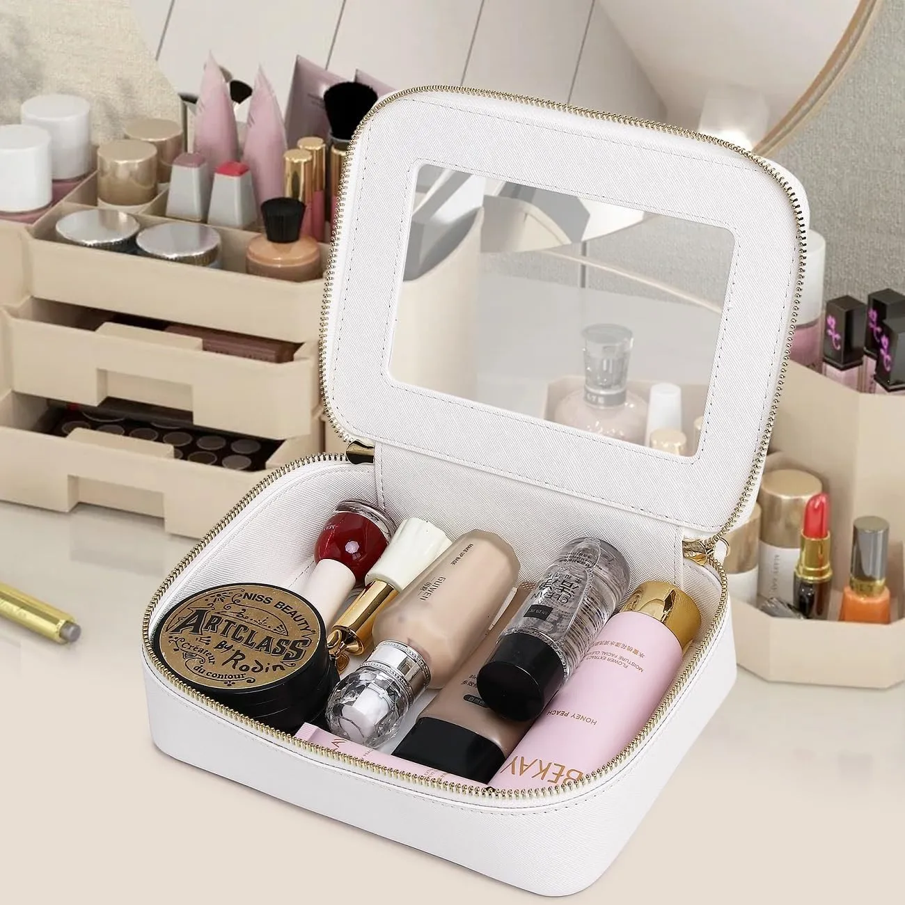 Clear Makeup Bag for Women Waterproof Travel Cosmetics and Toiletries Case Portable Makeup Oaganizer Bag Clear Car Bag with Zipper (White, M)