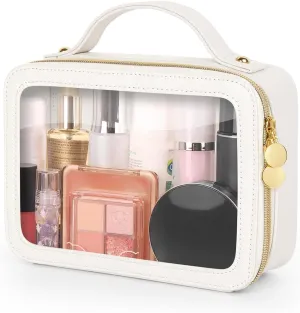 Clear Makeup Bag, Portable Travel Cosmetic Bags, Multipurpose Leather Toiletry Bag with Zipper, Waterproof Transparent Cosmetic Organizer for Women, Medium, Beige