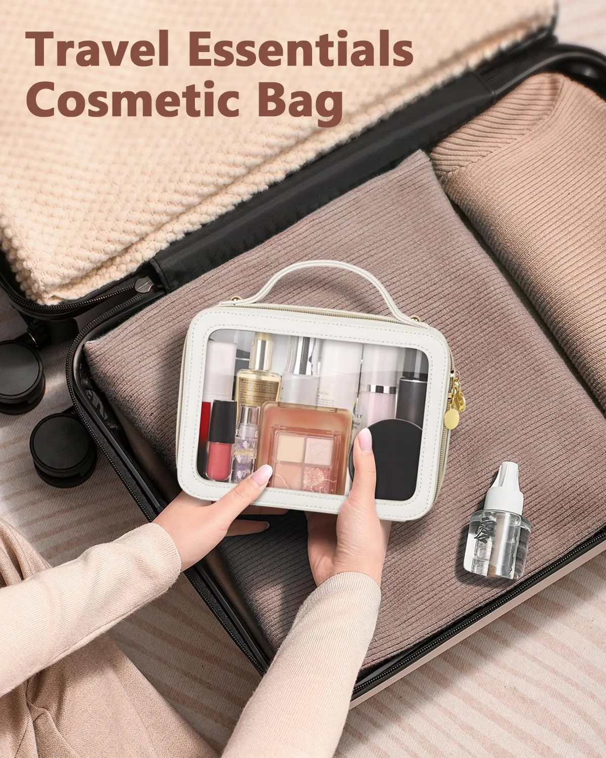 Clear Makeup Bag, Portable Travel Cosmetic Bags, Multipurpose Leather Toiletry Bag with Zipper, Waterproof Transparent Cosmetic Organizer for Women, Medium, Beige