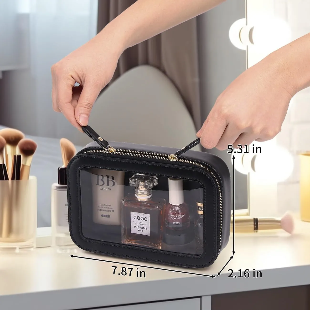 Clear Makeup Bag Small Cosmetic & Toiletry Bag Waterproof Travel Case Women's Pouch Organizer Makeup Bag for Car with Zipper (Black, Small)