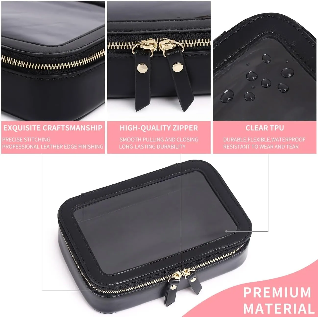 Clear Makeup Bag Small Cosmetic & Toiletry Bag Waterproof Travel Case Women's Pouch Organizer Makeup Bag for Car with Zipper (Black, Small)