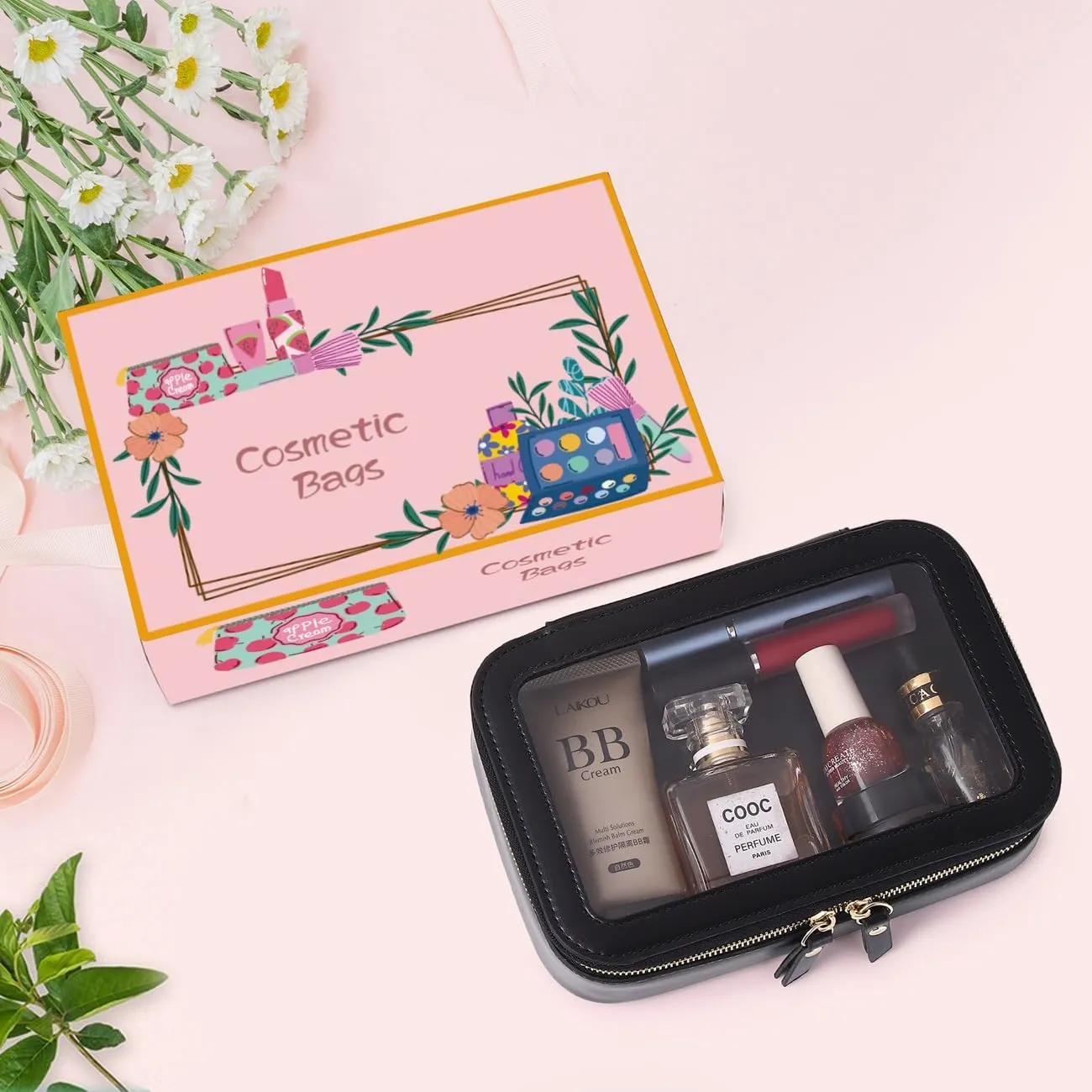 Clear Makeup Bag Small Cosmetic & Toiletry Bag Waterproof Travel Case Women's Pouch Organizer Makeup Bag for Car with Zipper (Black, Small)