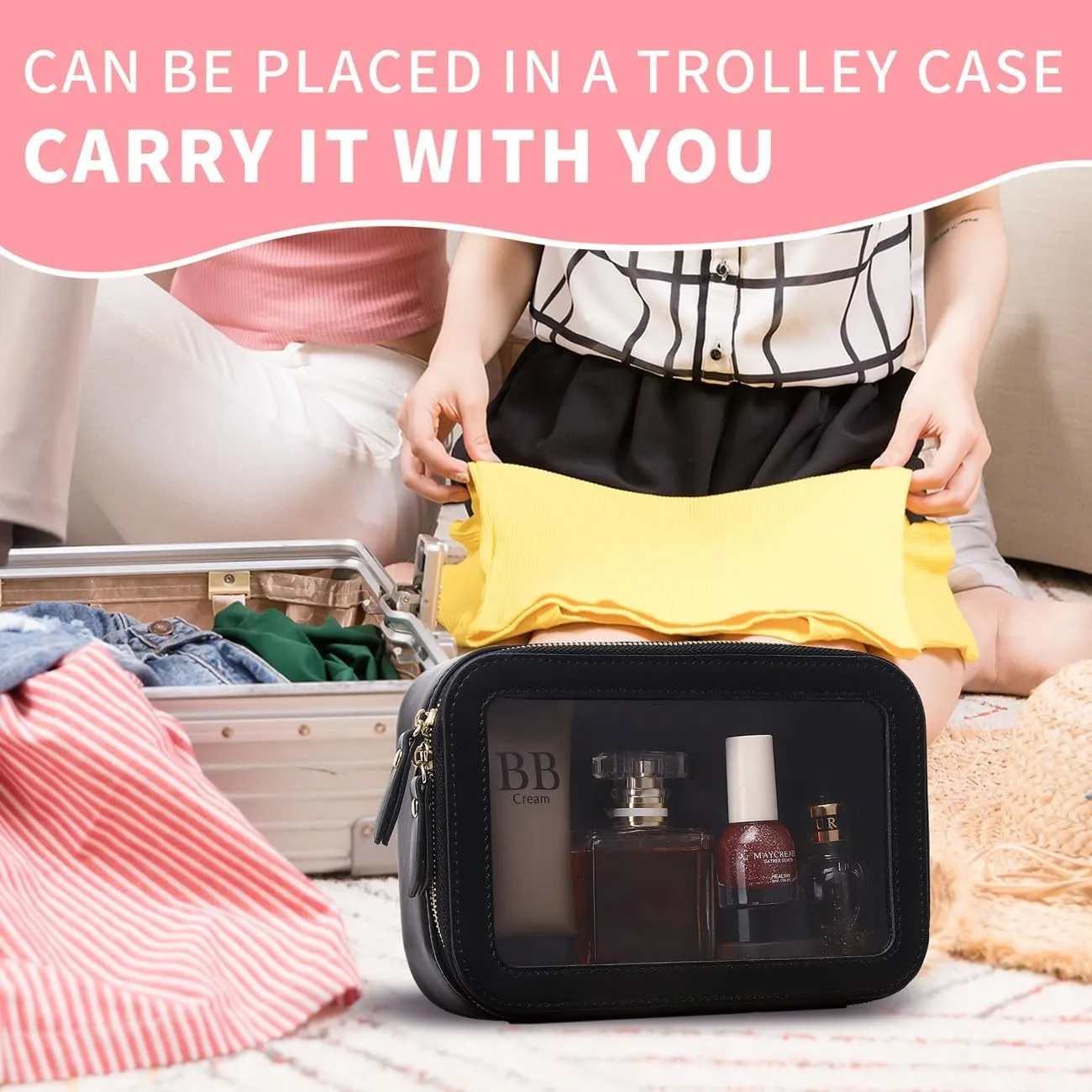 Clear Makeup Bag Small Cosmetic & Toiletry Bag Waterproof Travel Case Women's Pouch Organizer Makeup Bag for Car with Zipper (Black, Small)