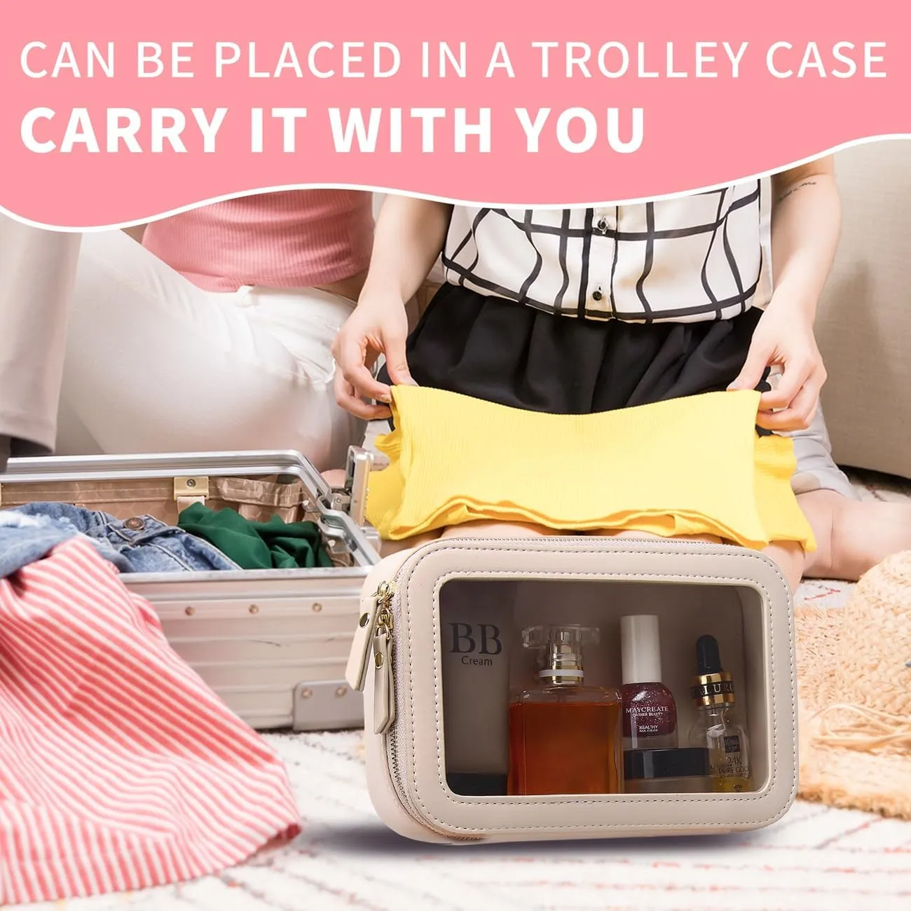 Clear Makeup Bag Small Cosmetic Bag Clear Travel Case Transparent Travel Toiletry Case Makeup Bag for Car with Zipper for Women (Beige, Small)