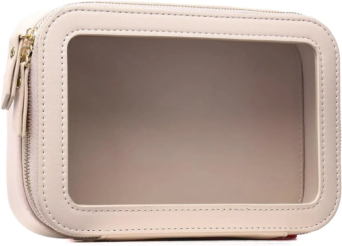 Clear Makeup Bag Small Cosmetic Bag Clear Travel Case Transparent Travel Toiletry Case Makeup Bag for Car with Zipper for Women (Beige, Small)