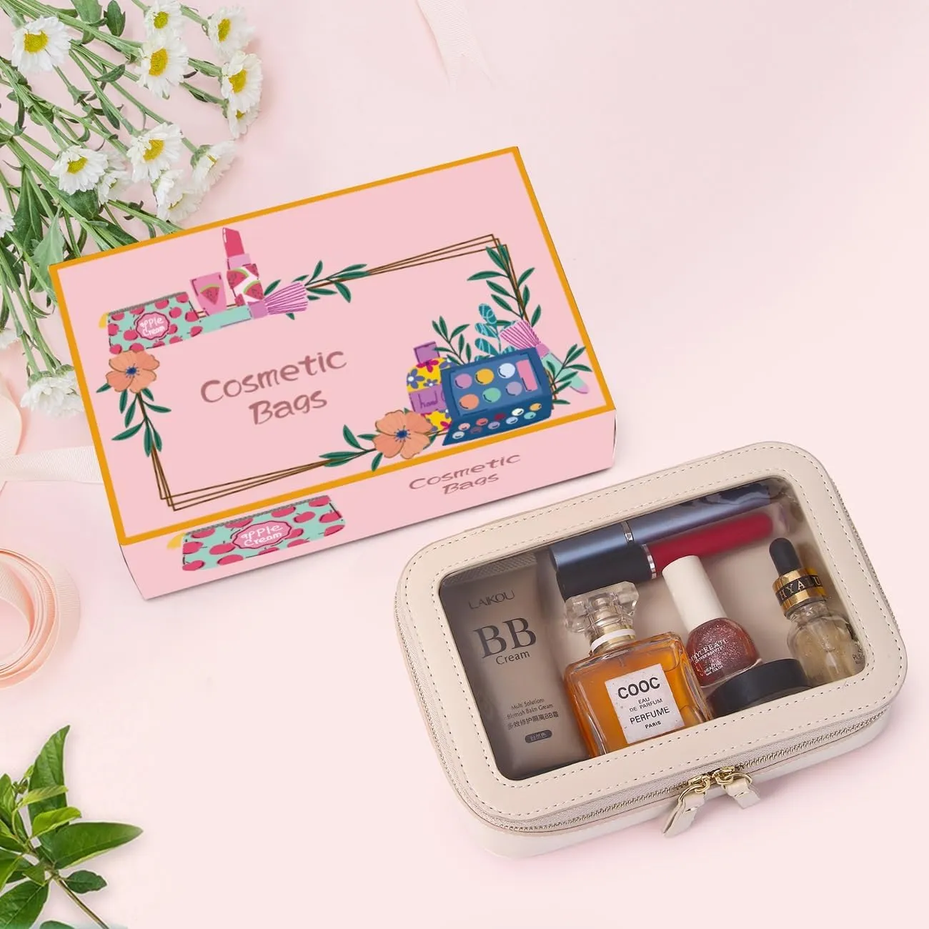 Clear Makeup Bag Small Cosmetic Bag Clear Travel Case Transparent Travel Toiletry Case Makeup Bag for Car with Zipper for Women (Beige, Small)