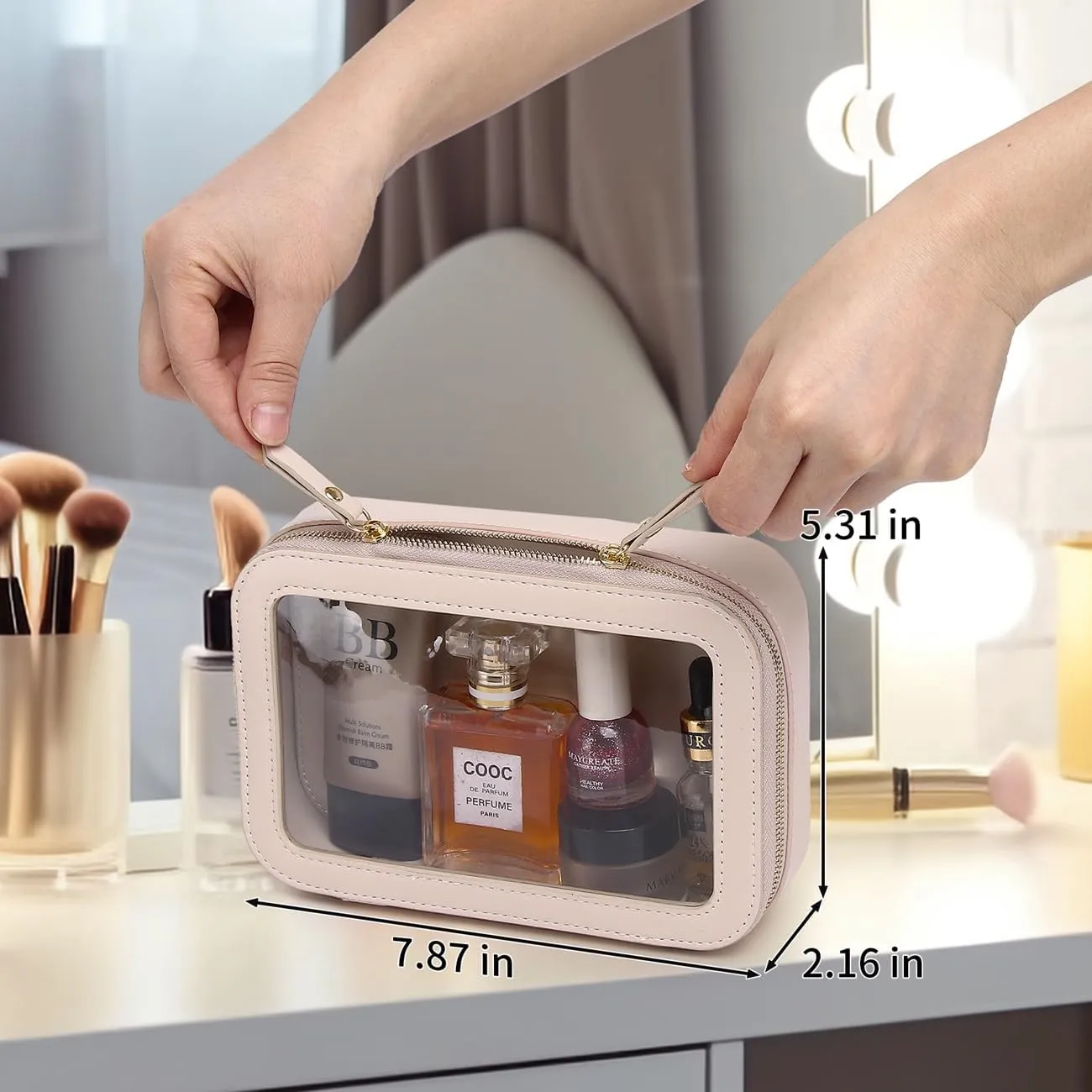 Clear Makeup Bag Small Cosmetic Bag Clear Travel Case Transparent Travel Toiletry Case Makeup Bag for Car with Zipper for Women (Beige, Small)