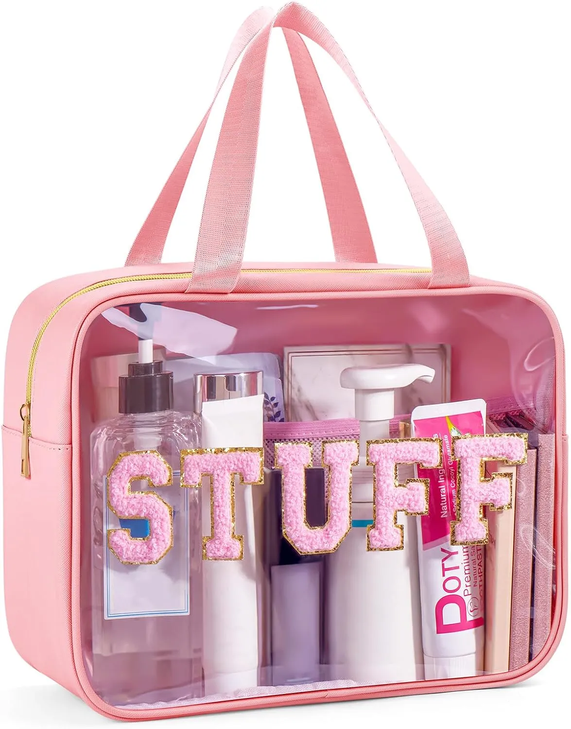 Clear Makeup Bag Transparent Cosmetic Bag Organizer for Women Waterproof Travel Toiletry Bag Portable Make up Bag with Chenille Letter, Large, Pink