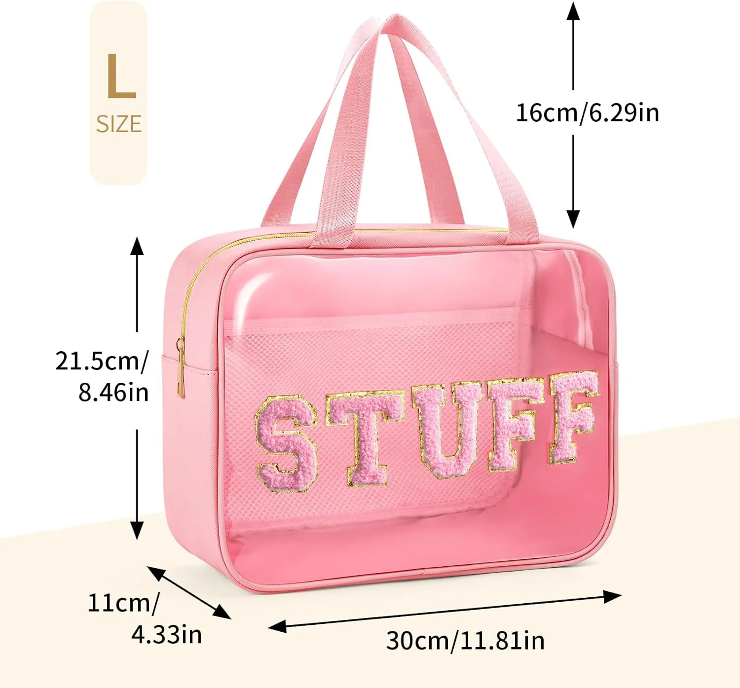 Clear Makeup Bag Transparent Cosmetic Bag Organizer for Women Waterproof Travel Toiletry Bag Portable Make up Bag with Chenille Letter, Large, Pink
