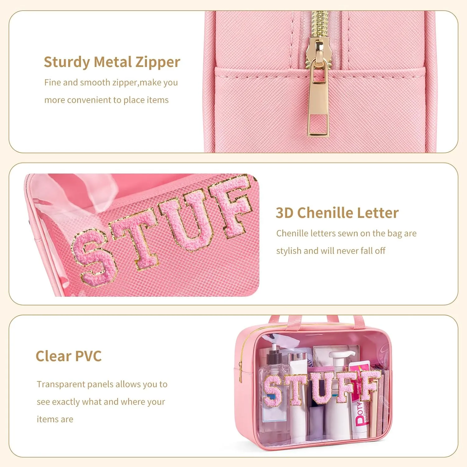 Clear Makeup Bag Transparent Cosmetic Bag Organizer for Women Waterproof Travel Toiletry Bag Portable Make up Bag with Chenille Letter, Large, Pink