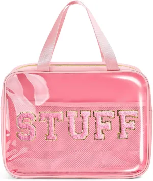 Clear Makeup Bag Transparent Cosmetic Bag Organizer for Women Waterproof Travel Toiletry Bag Portable Make up Bag with Chenille Letter, Large, Pink