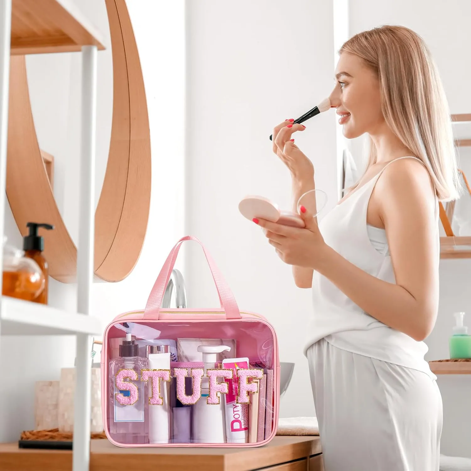 Clear Makeup Bag Transparent Cosmetic Bag Organizer for Women Waterproof Travel Toiletry Bag Portable Make up Bag with Chenille Letter, Large, Pink