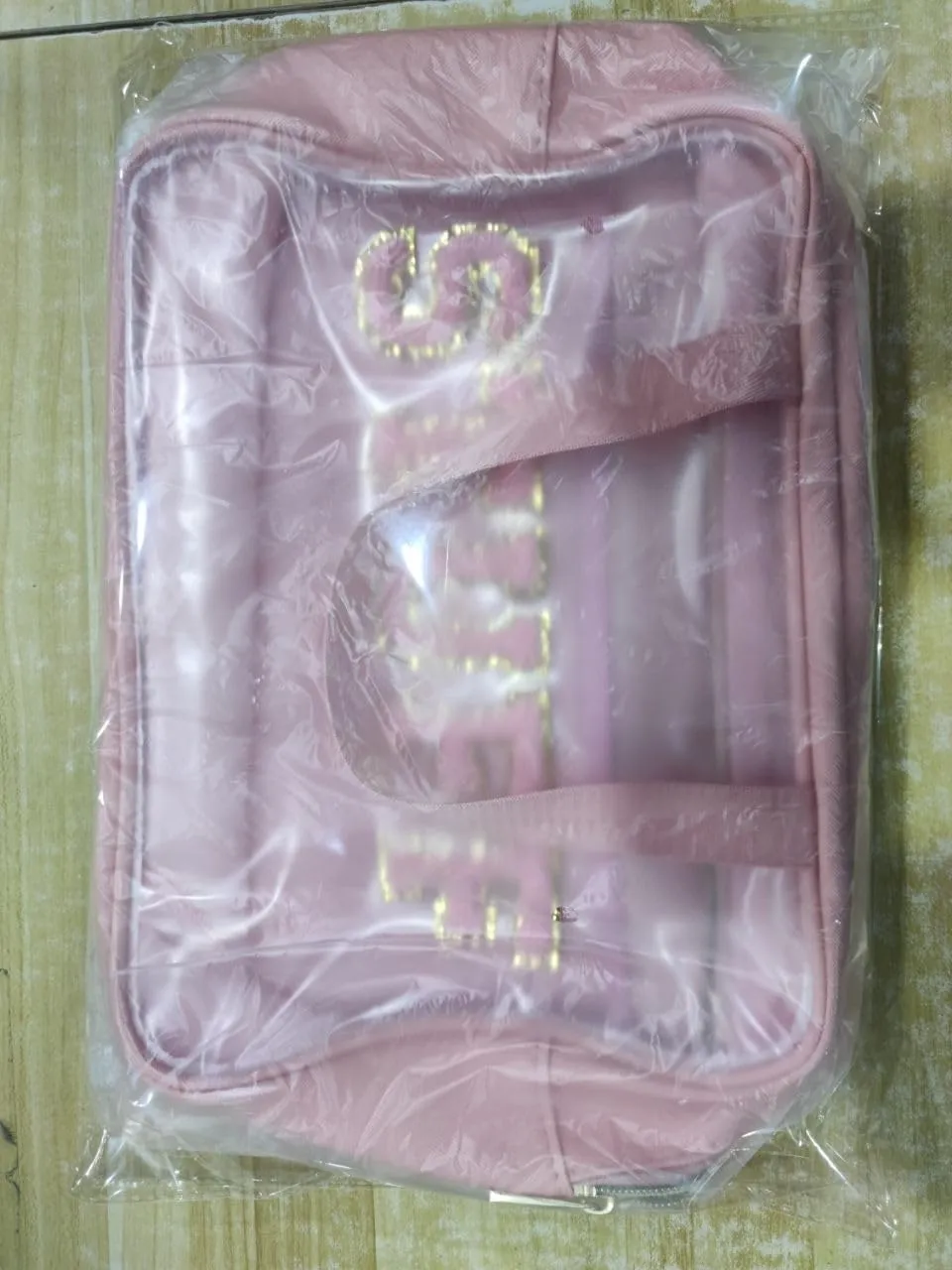 Clear Makeup Bag Transparent Cosmetic Bag Organizer for Women Waterproof Travel Toiletry Bag Portable Make up Bag with Chenille Letter, Large, Pink