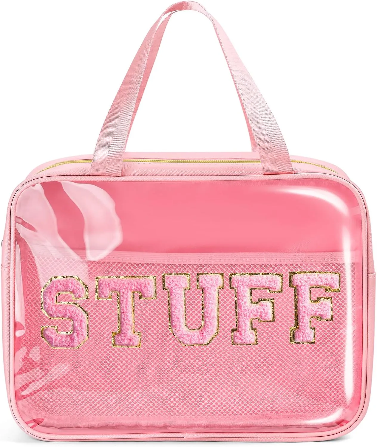 Clear Makeup Bag Transparent Cosmetic Bag Organizer for Women Waterproof Travel Toiletry Bag Portable Make up Bag with Chenille Letter, Large, Pink