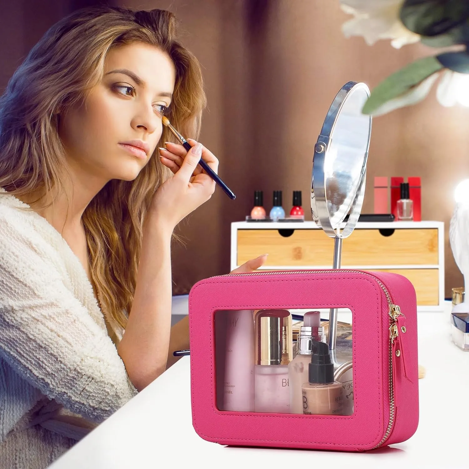 Clear Makeup Bag Waterproof Travel Case for Cosmetics and Toiletries Women's Purse Organizer and Clear Car Bag with Zipper (X/Fuxia, M MINI)